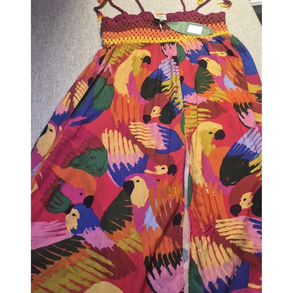 Farm Rio Macaw Party Dress Crochet Top Colorful Parrot Maxi Midi Sun Dress NWT - Picture 2 of 16